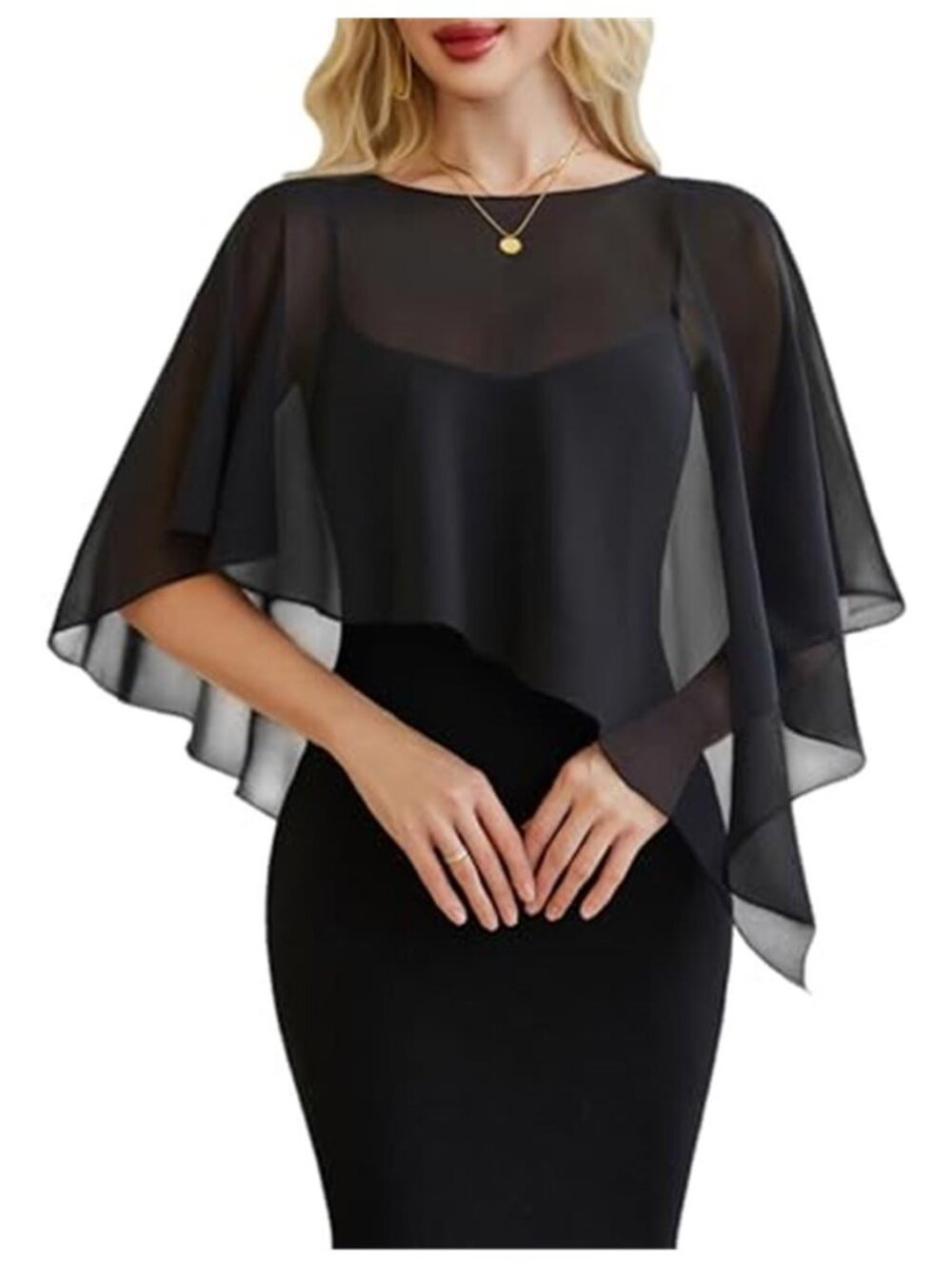 Women Chiffon Capelet Batwing Sleeve Wedding Shawl Sheer Cover Up